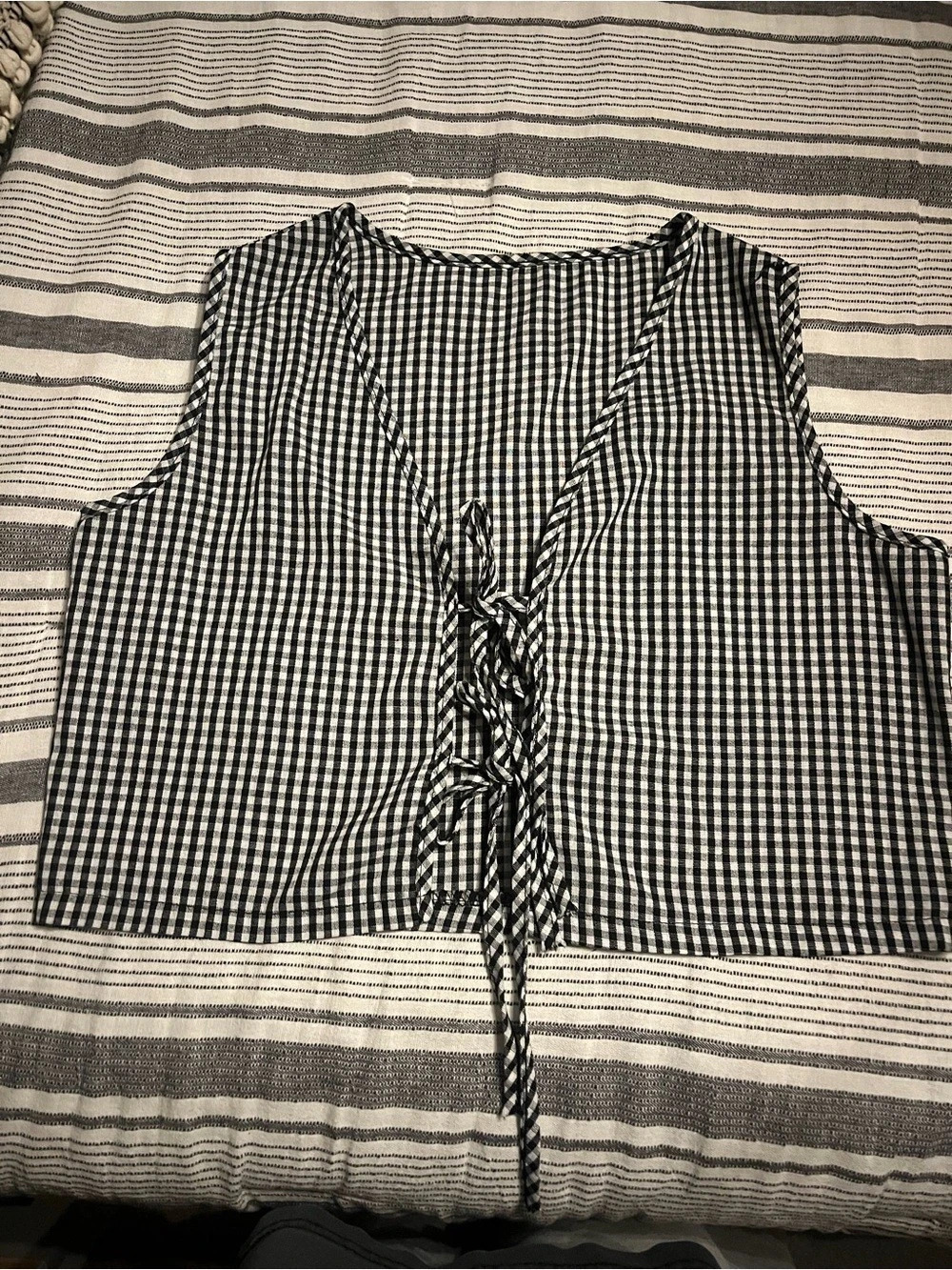 Gingham Lace-Up Crop Top in Black & White